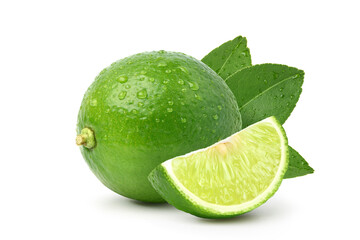 Natural  fresh lime with sliced and water droplets  isolated on white background.