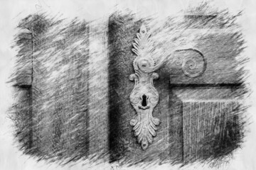 antique door handle in pencil drawing style