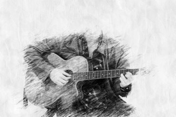 close-up of man playing guitar in pencil drawing style