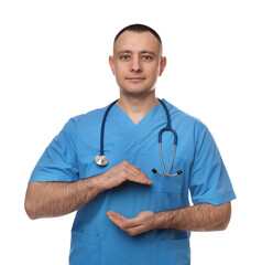 Doctor with stethoscope holding something on white background. Cardiology concept