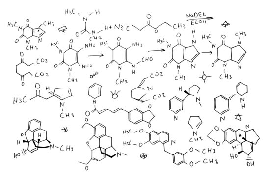 Chemical formulas. Scientific, educational background. Hand-drawn. Vector.