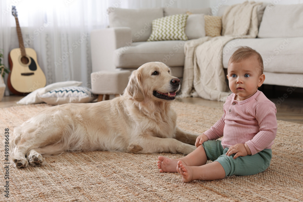 Sticker cute little baby with adorable dog on floor at home