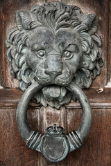 Lion head iron door knocker on old wooden front door