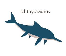 Prehistoric underwater dinosaur ichthyosaurus with fins. Predatory sea lizard. Scary jaws with teeth. Wildlife of the Jurassic period. Vector illustration isolated on white background