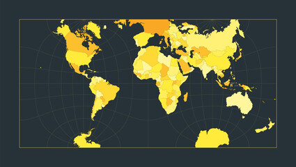World Map. Guyou hemisphere-in-a-square projection. Futuristic world illustration for your infographic. Bright yellow country colors. Appealing vector illustration.