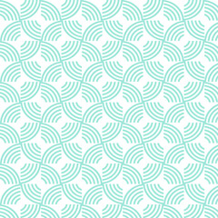 Abstract vector pastel turquoise semi circle round geometric seamless pattern. White background. For fabric, covers, wallpapers, tiles. Vector illustration.