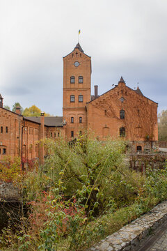 Ancient brick castle Radomysl. Landmark of Ukraine in the Zhytomyr region. Ancient restored architecture. Nature and landscape.