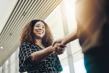 Welcome to the company. Low angle shot of an attractive young businesswoman shaking hands with an associate in a modern workplace. - obrazy, fototapety, plakaty