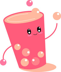 Bubble tea. Cute cartoon pink bubble tea. Funny strawberry drink cup with bubbles