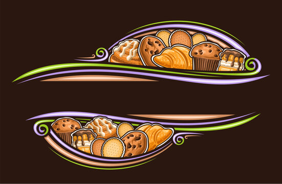 Vector border for Baked Goods with empty copy space for text, decorative signage with illustration of variety sweet bakes, butter cookies, french sweets with custard cream, icing danish cinnamon roll