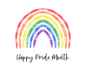 Obraz premium Cute watercolor textured rainbow. LGBT pride flag color symbol. Happy Pride Month text sweet greeting card, banner, social media template.