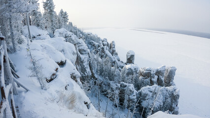 Lena Pillars in winter on the bank of the Lena River Yakutia, Russia