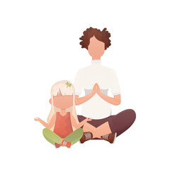 Mom and daughter sit in the lotus position. Cartoon style. Isolated. Vector.