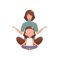 Mom and daughter are meditating. Cartoon style. Isolated. Vector.