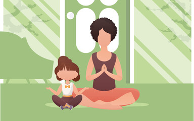 Obraz na płótnie Canvas Mom and daughter sit in the lotus position. Cartoon style. Meditation and concentration concept. Vector.