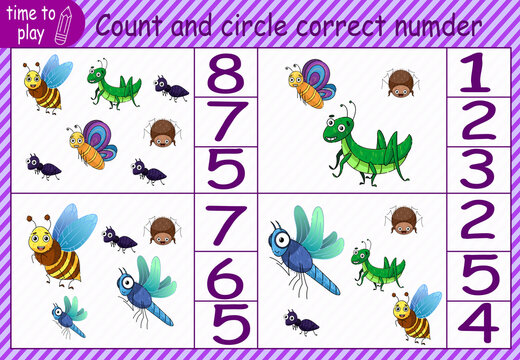 children's educational game, task. Count how many insects are in the picture and circle the correct number. grasshopper, spider, wasp, butterfly, dragonfly, ant.