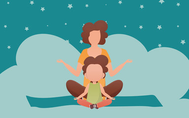 Mom and daughter do yoga. Cartoon style. Sports lifestyle. Vector.