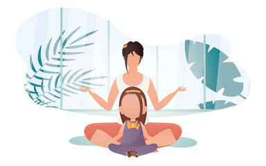 Mom and daughter do yoga. Cartoon style. Sports lifestyle. Vector illustration.