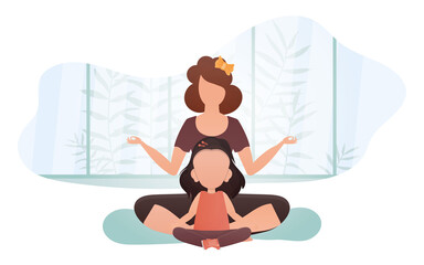 Mom and daughter do yoga. Cartoon style. Yoga concept. Vector illustration.