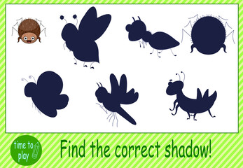 children's educational game, task. find the correct shadow from the insect. grasshopper, spider, wasp, butterfly, dragonfly, ant.