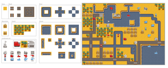 Game map tiles set for building desert plains mountains forests rivers and oceans with military assets and locations