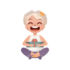 The Little Girl sits in a lotus position and holds a gift box in her hands. Isolated. Vector.