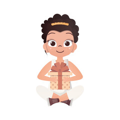 The Little Girl sits in a lotus position and holds a gift box in her hands. Isolated on white background. Vector.