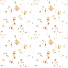 Watercolor Seamless Pattern Background with Yellow Orchids on White Background.