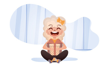 A cute little girl sits in a lotus position and holds a gift box in her hands. Vector.