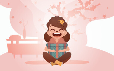 A happy girl sits in a lotus position with a gift in her hands. Vector.