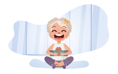 A cute little girl sits in a lotus position and holds a gift box in her hands. Vector illustration.