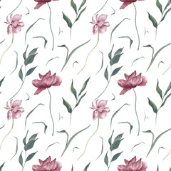 Watercolor Seamless Pattern Background with Poppies and Leaves on White Background.