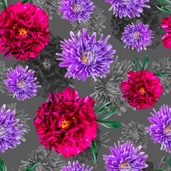  Seamless pattern of aster and peony flowers.