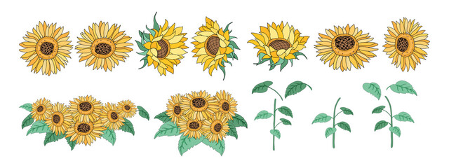 Sunflower element set Designed in doodle style, for decorations, cards, postcards, apparel patterns, printed fabrics, fashion, scrapbook, pillow designs, bags and more.