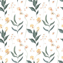 Watercolor Seamless Pattern Background with Yellow Orchids and Leaves on White Background.