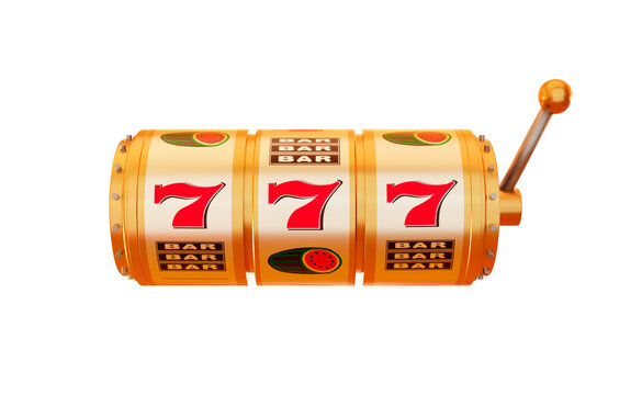 Casino online. Slot machine gold color wins the jackpot. 777 Big win concept banner casino.  Gambling fortune chance. 3d render illustration.