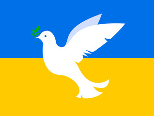 White dove with branch and Ukrainian national flag on background, illustration