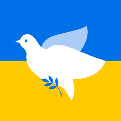 White dove with branch and Ukrainian national flag on background, illustration