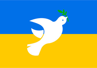 White dove with branch and Ukrainian national flag on background, illustration
