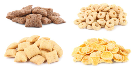 Set with different tasty breakfast cereals on white background