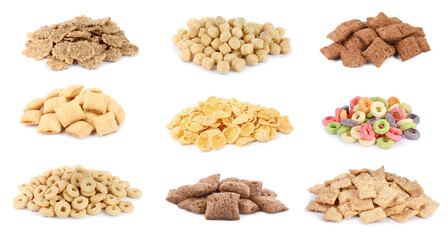 Set with different tasty breakfast cereals on white background
