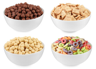 Set with different tasty breakfast cereals on white background