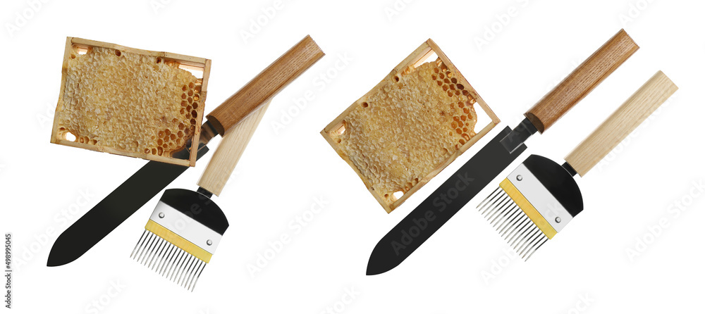 Wall mural Different beekeeping tools and hive frames with honeycombs on white background, top view. Banner design