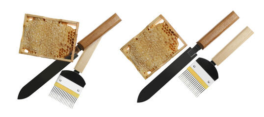 Different beekeeping tools and hive frames with honeycombs on white background, top view. Banner...