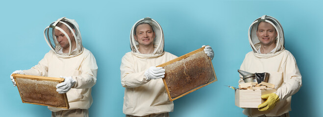Collage with photos of beekeeper in uniform holding frames with honeycombs and different tools on turquoise background. Banner design - Powered by Adobe