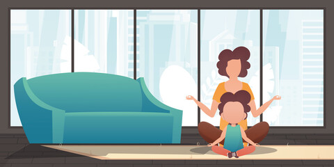 Mom and little daughter are meditating together. Design in cartoon style. Vector illustration.