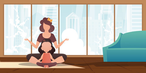 Mom and little daughter are meditating together. Cartoon style. Vector.