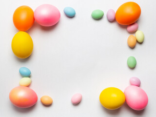 Colored Easter eggs isolated on white background. Flat lay, background, layout, top view, template.