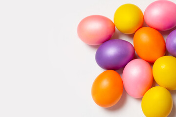 Colored Easter eggs isolated on white background. Flat lay, background, layout, top view, template.
