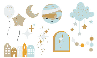 Doodle design elements set whale, balloon, star, shine, moon, houses,  window, pom-poms, clouds. Childish boho clipart. Vector illustration
